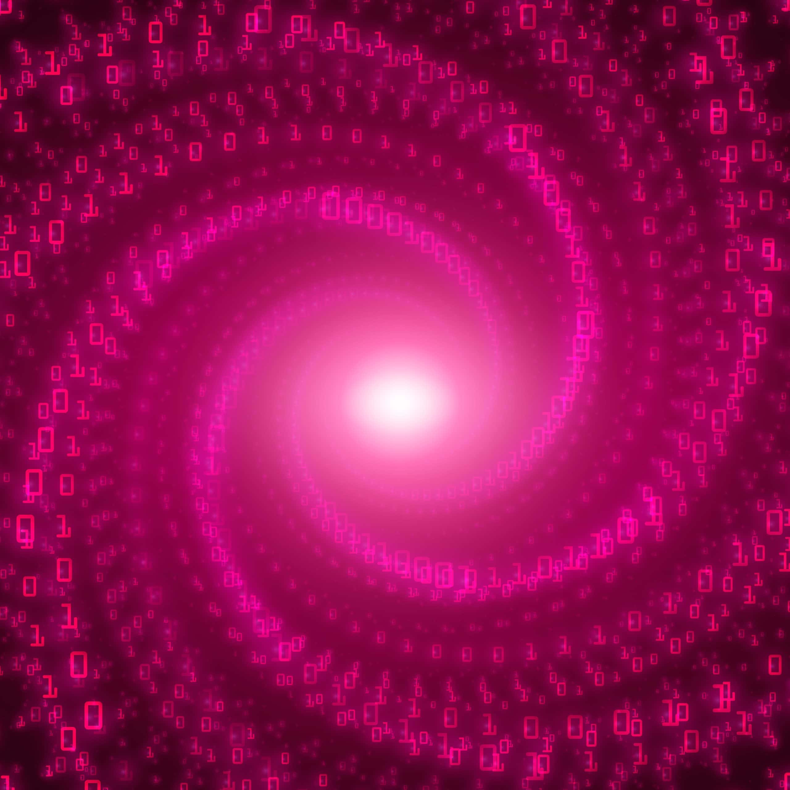 Vector data flow visualization. Violet big data flow as binary numbers strings twisted in infinity tunnel. Information code stream representation. Cryptographic analysis. Bitcoin blockchain transfer.