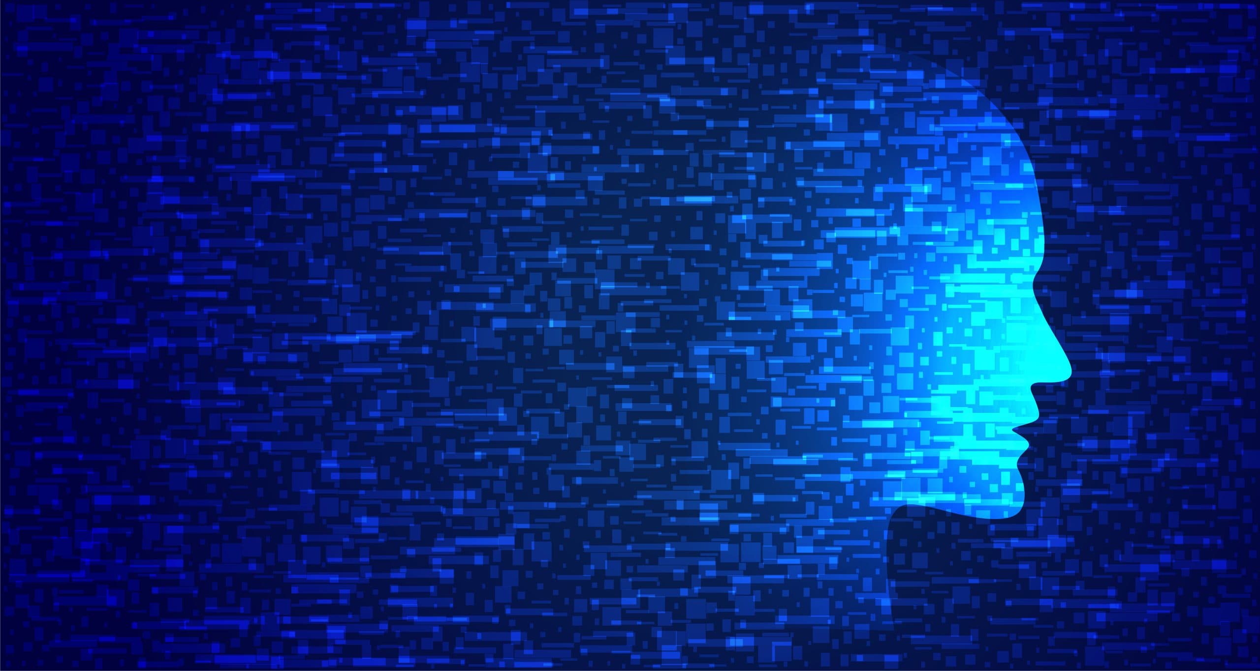 blue technology face in glitch style background