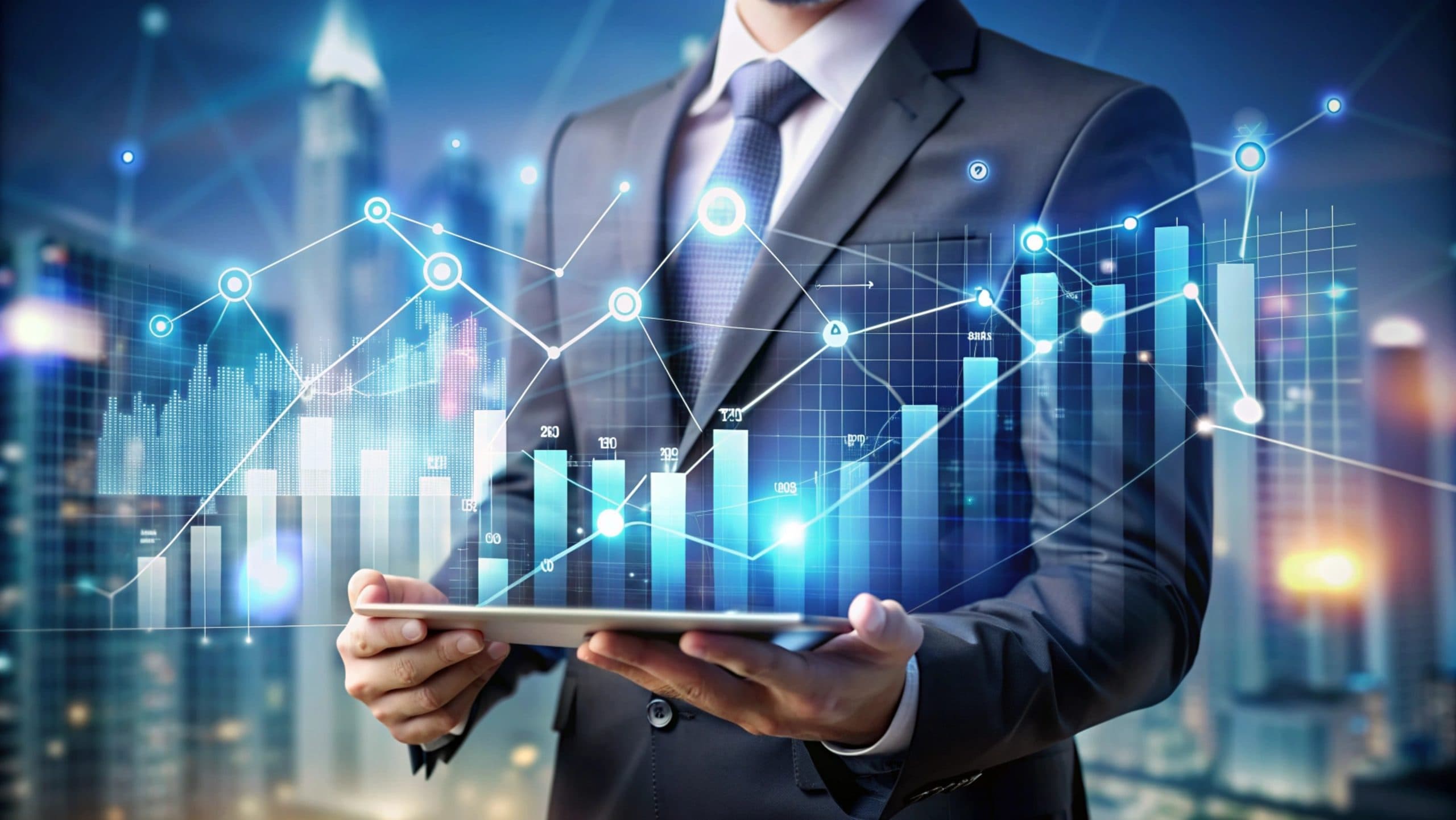 Businessman analyzing financial data on tablet.